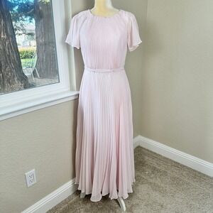 Azazie Kara Pleated Chiffon Maxi Dress Women L Pink Beads Bridesmaid Prom Formal